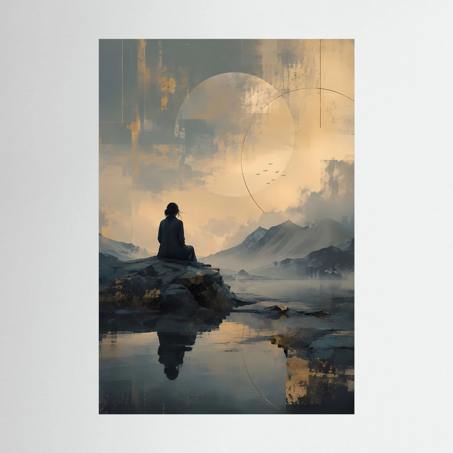 Meditationsposter mit sitzender Person am Bergsee, goldgraue Landschaft im Hochformat