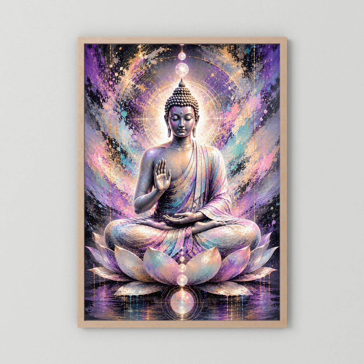 Hochformat-Poster mit sitzendem Buddha in Pastellfarben, Lotus und Lichtring, Holzrahmen