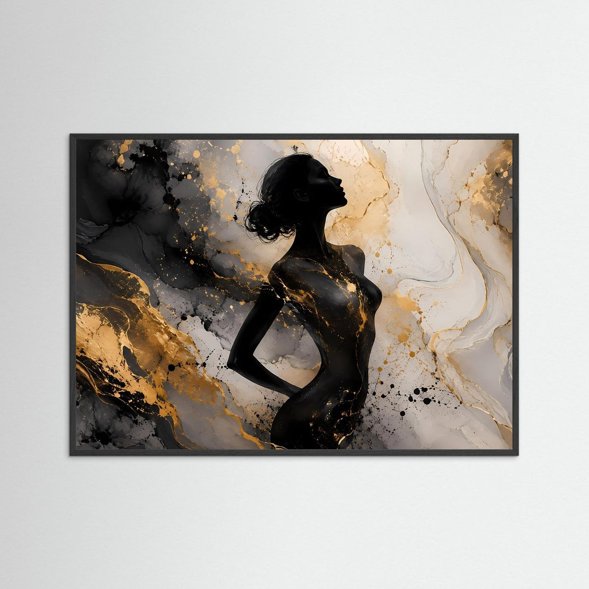 Abstraktes Frauen-Silhouetten-Wandbild im schwarzem Rahmen: schwarze Figur, gold-grauer Marmor