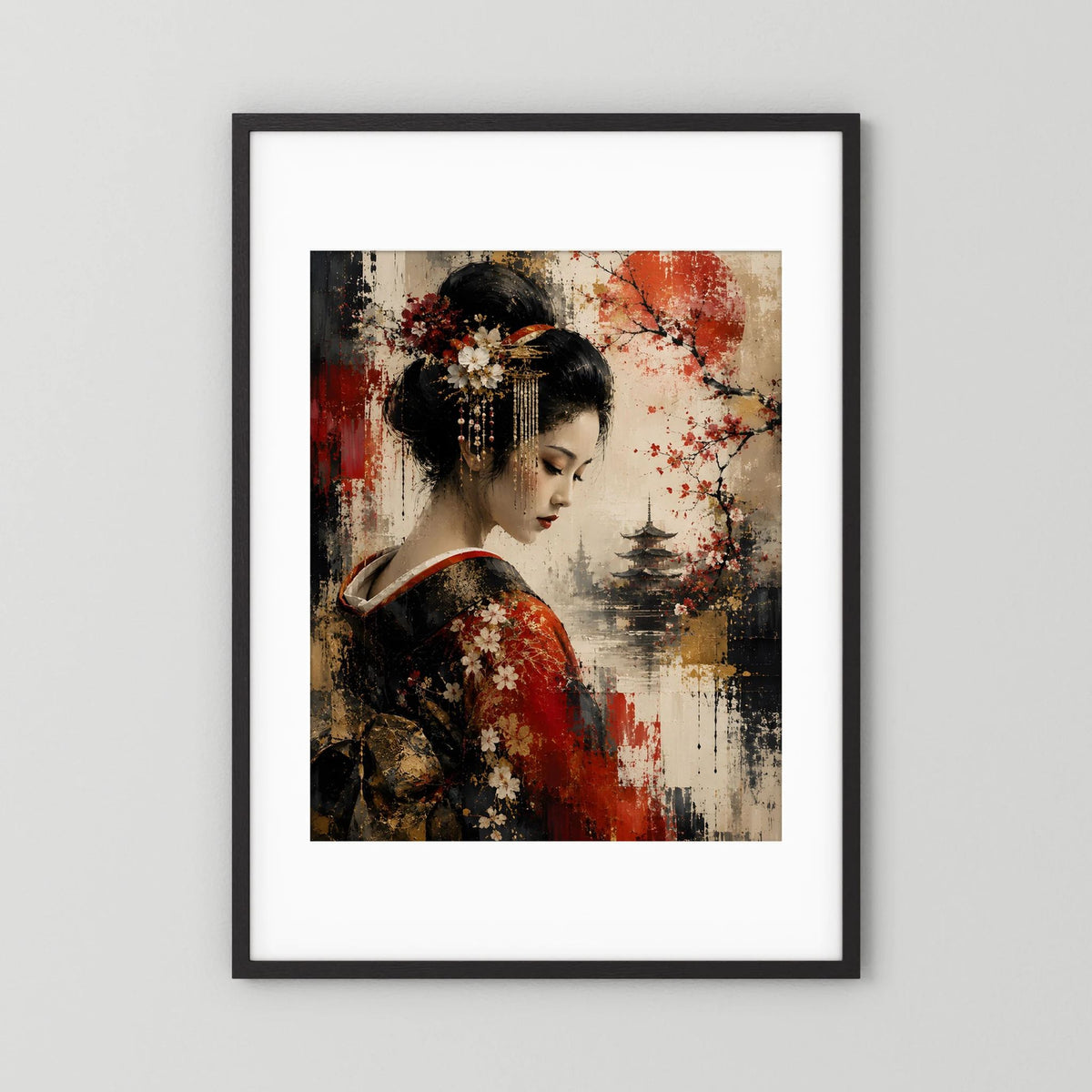 Kunstposter im Hochformat: Geisha mit roten Kirschblüten, Pagode im Hintergrund, schwarz gerahmt.