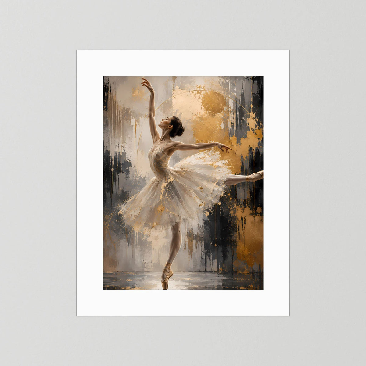 Poster im Passepartout mit Ballerina in Creme und Gold, ohne sichtbaren Holzrahmen