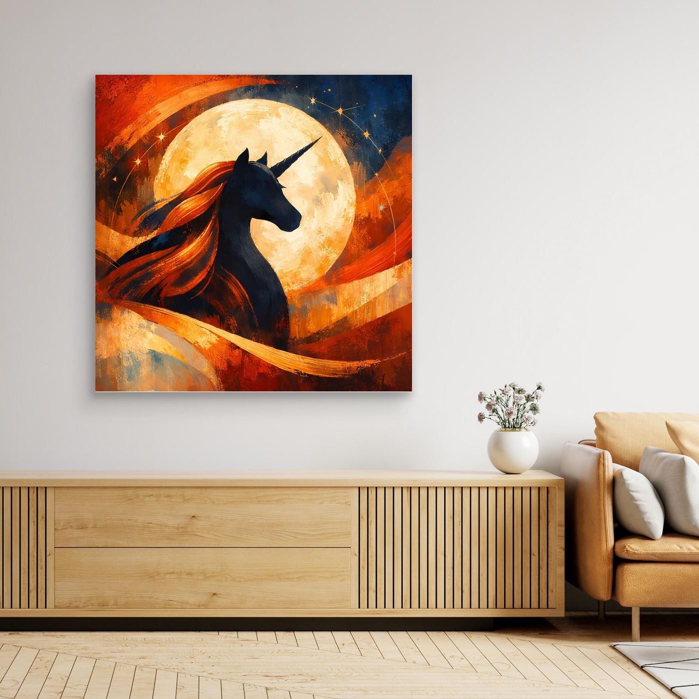 Leinwandbild mit schwarzem Einhorn vor Vollmond, abstrakte Farben, dunkler Rahmen