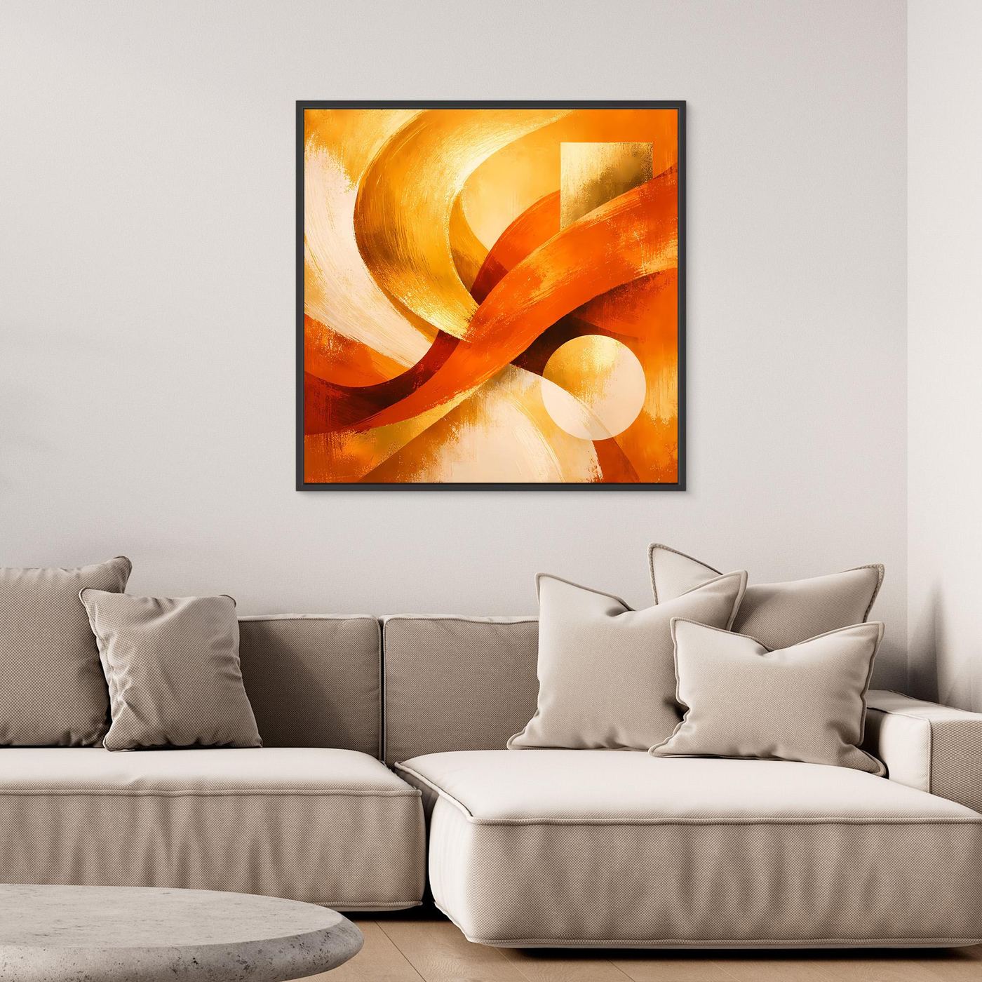 Quadratisches, orange gerahmtes Leinwandbild mit warmen Gold- und Orangetönen, abstrakte Formen.