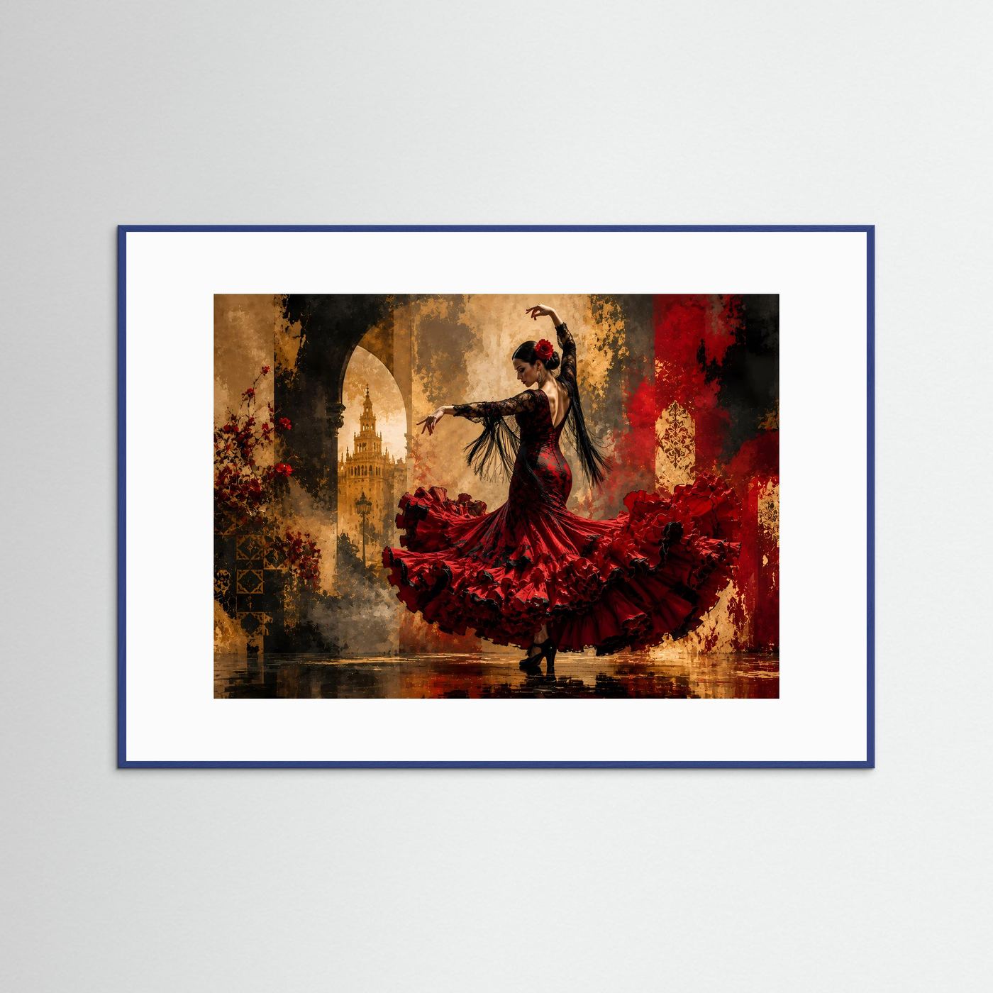 Gerahmtes Querformat-Poster mit Flamenco-Tänzerin im roten Rock, abstrakter Kulisse