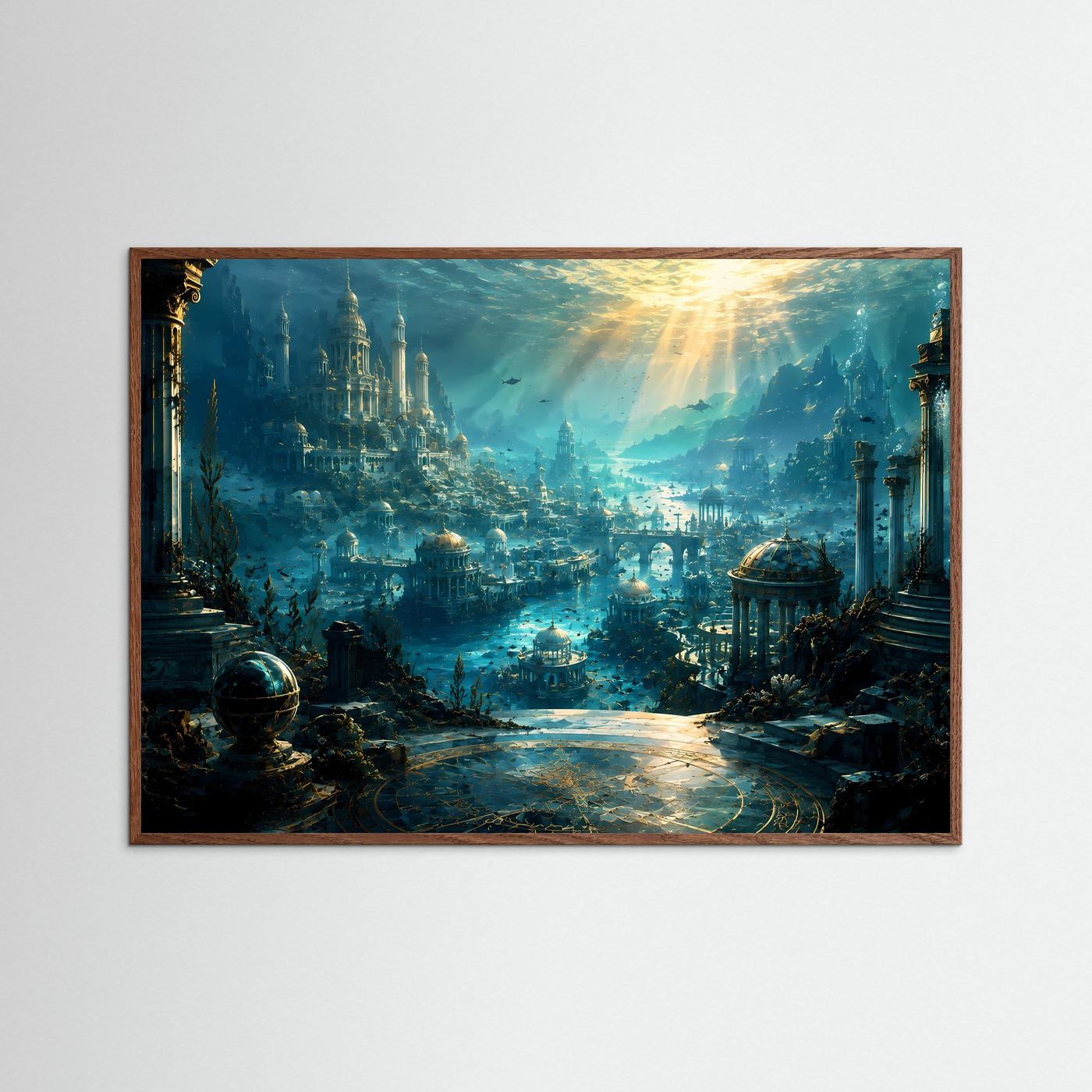 Poster mit Unterwasserstadt Atlantis in Türkis und Gold, mit hellem Holzrahmen