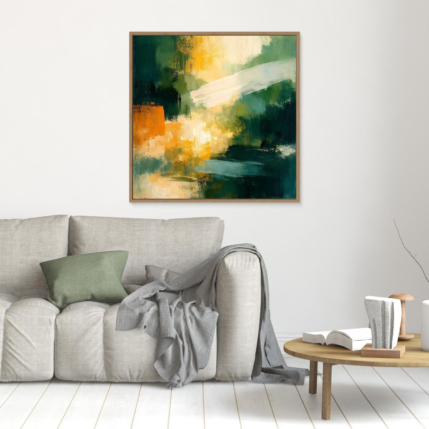 Abstraktes Wandbild mit grünen Farbfeldern und gelbem Licht im goldbraunen Holzrahmen