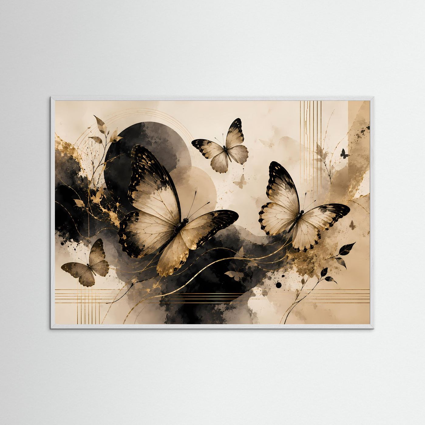 Gerahmtes Querformat-Poster mit abstrakten Schmetterlingen, Holzrahmen