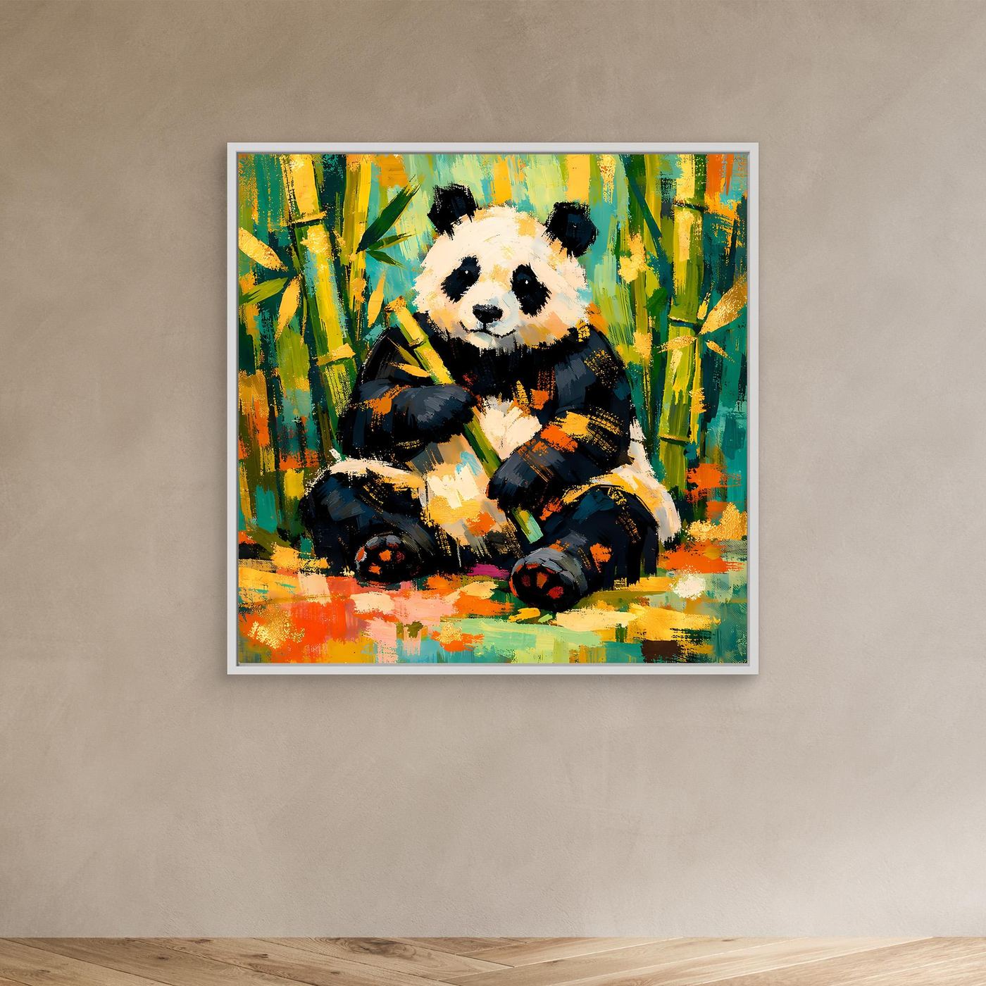 Leinwandbild mit sitzendem Panda im Bambuswald, abstraktes Tierbild, weißer Rahmen