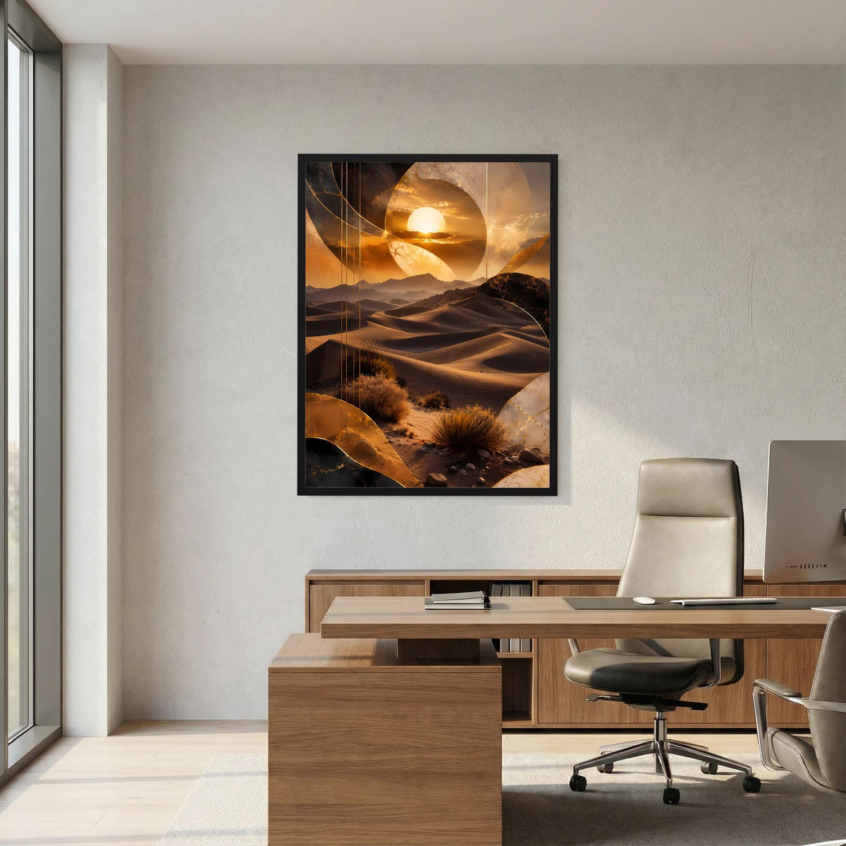 Rahmenposter im Hochformat mit goldenem Sonnenmotiv, Wüstenhügeln und Dünen