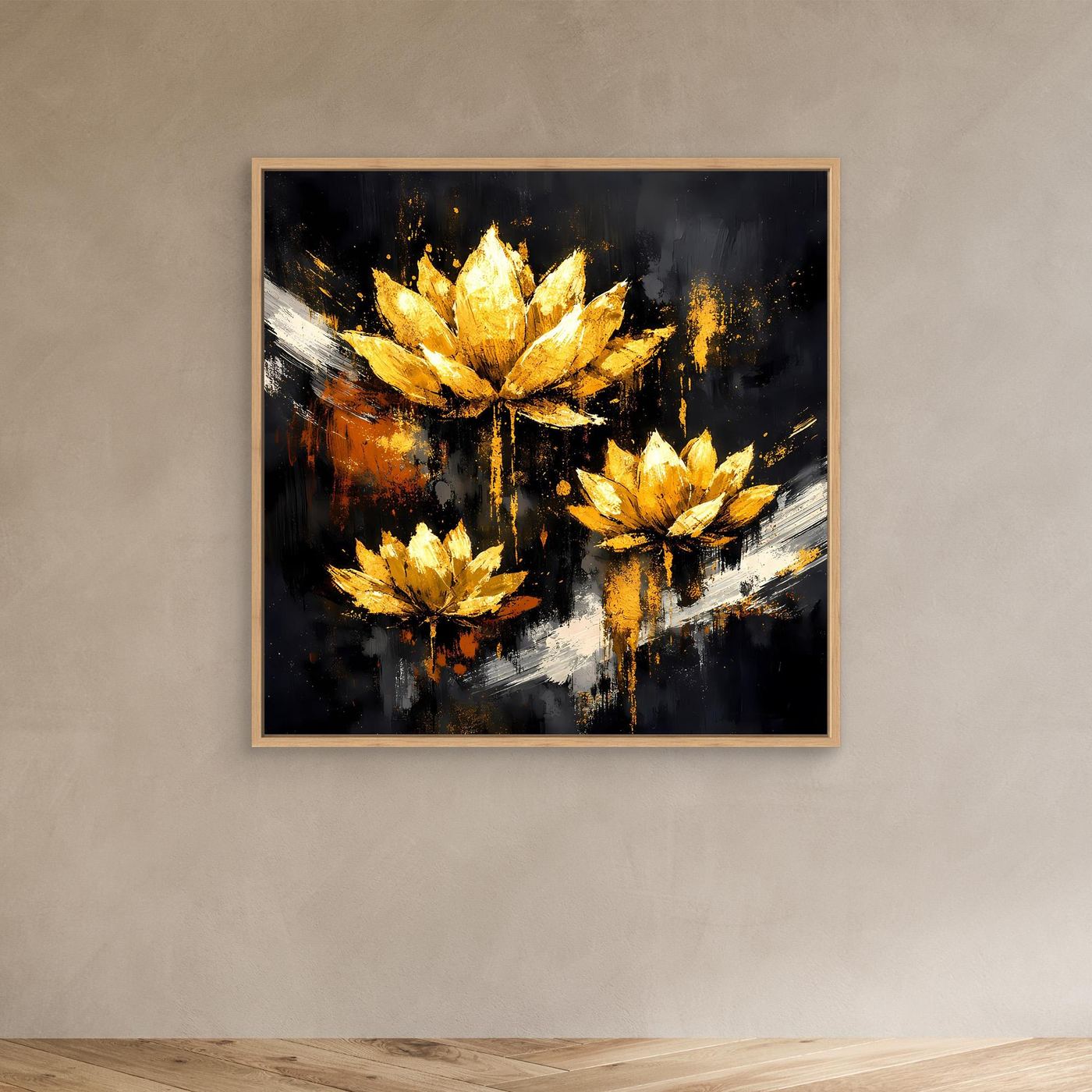 Leinwand Edle Lotusblüten in Gold und Schwarz | Modernes Florales Luxus Wandbild