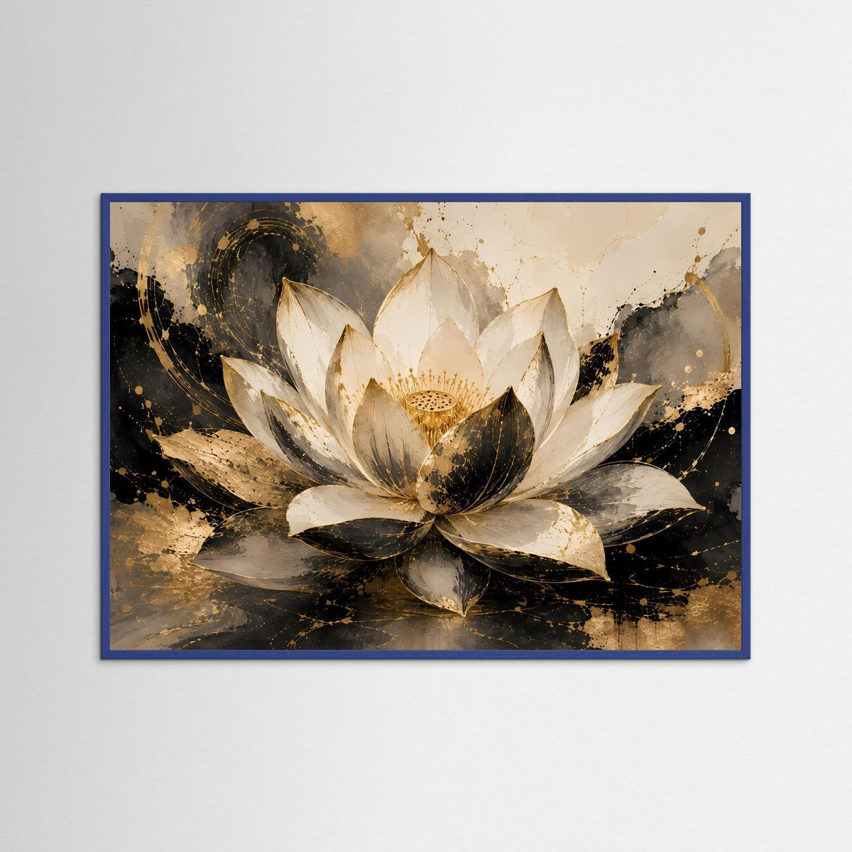 Abstraktes Lotusblüten-Poster querformat mit blauem Rahmen, weiße Blütenblätter & Gold