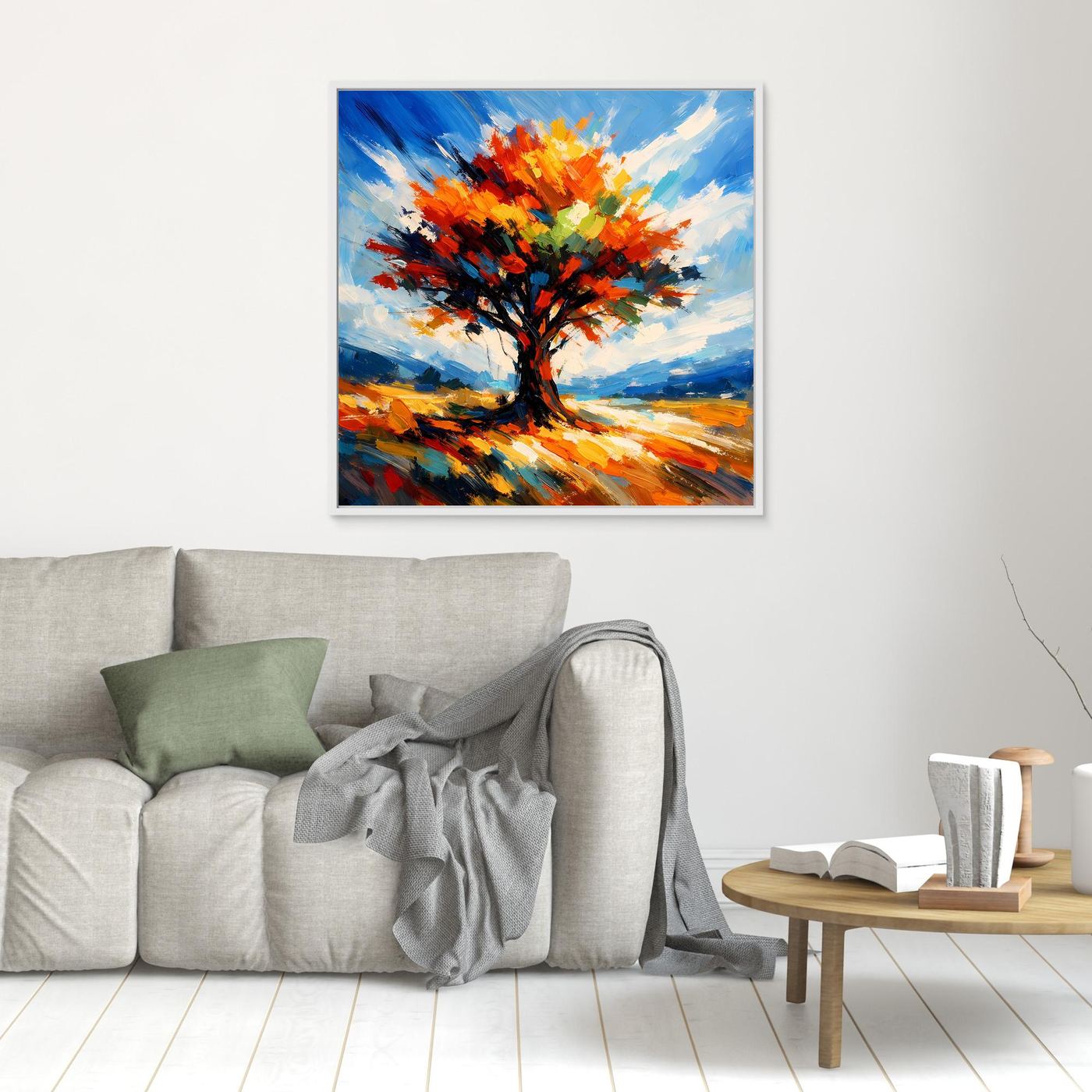 Kleines Leinwandbild mit Herbstbaum aus bunten Pinselstrichen, im hellem Weißrahmen
