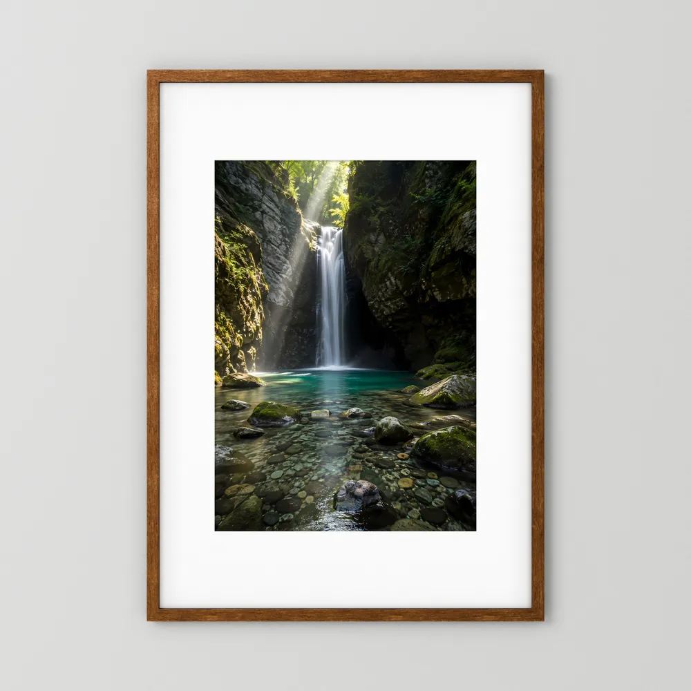 Poster Hochformat: Wasserfall in Felsenschlucht, türkises Wasser, brauner Holzrahmen