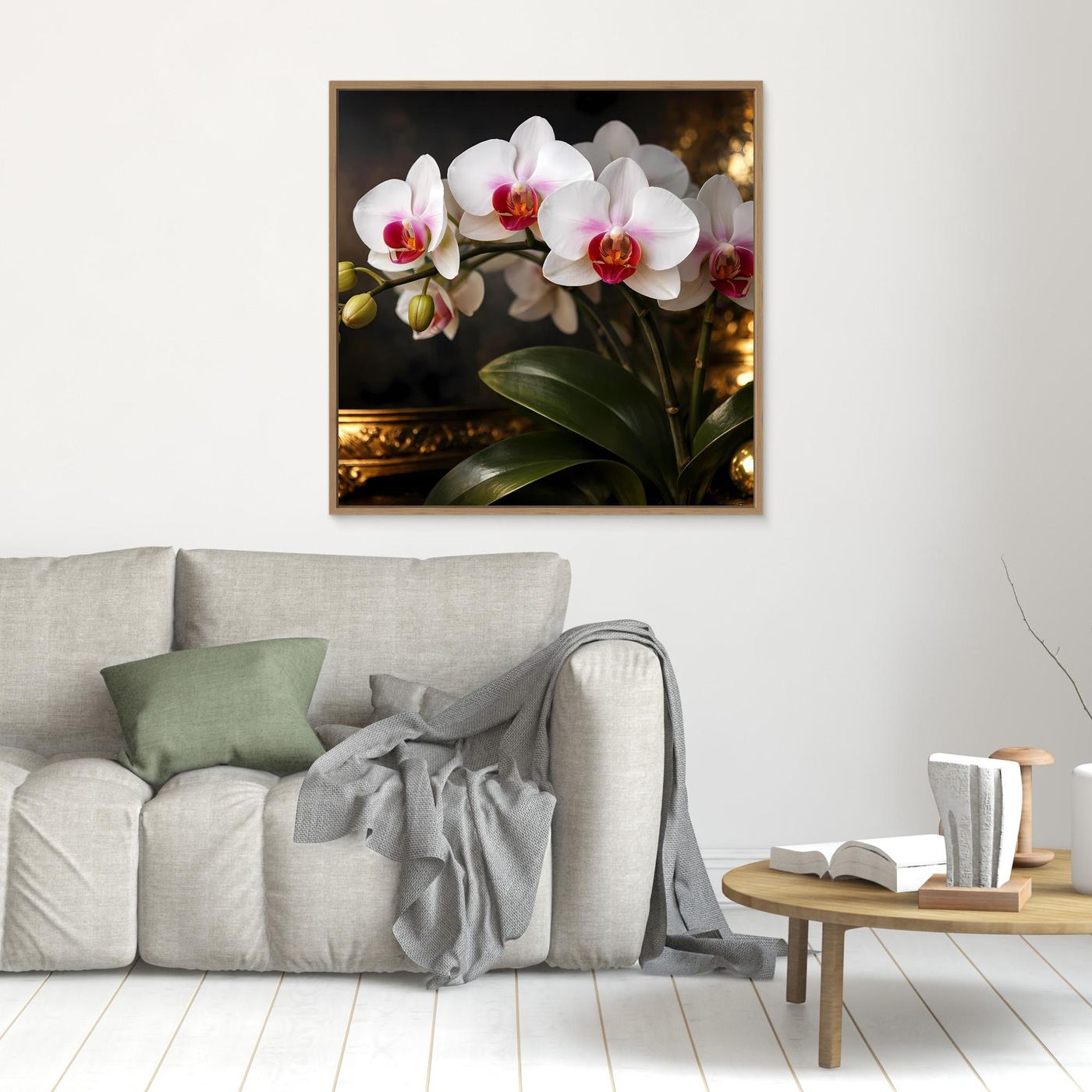 Orchideenblüten-Leinwandbild mit goldfarbenem Rahmen, weiße Blüten und grüne Blätter