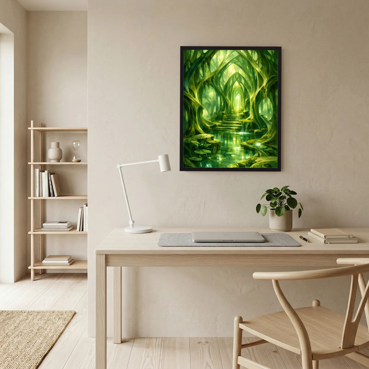 Gerahmtes grünes Kunstposter Waldtempel mit leuchtendem Gang, Wasser und Pflanzen