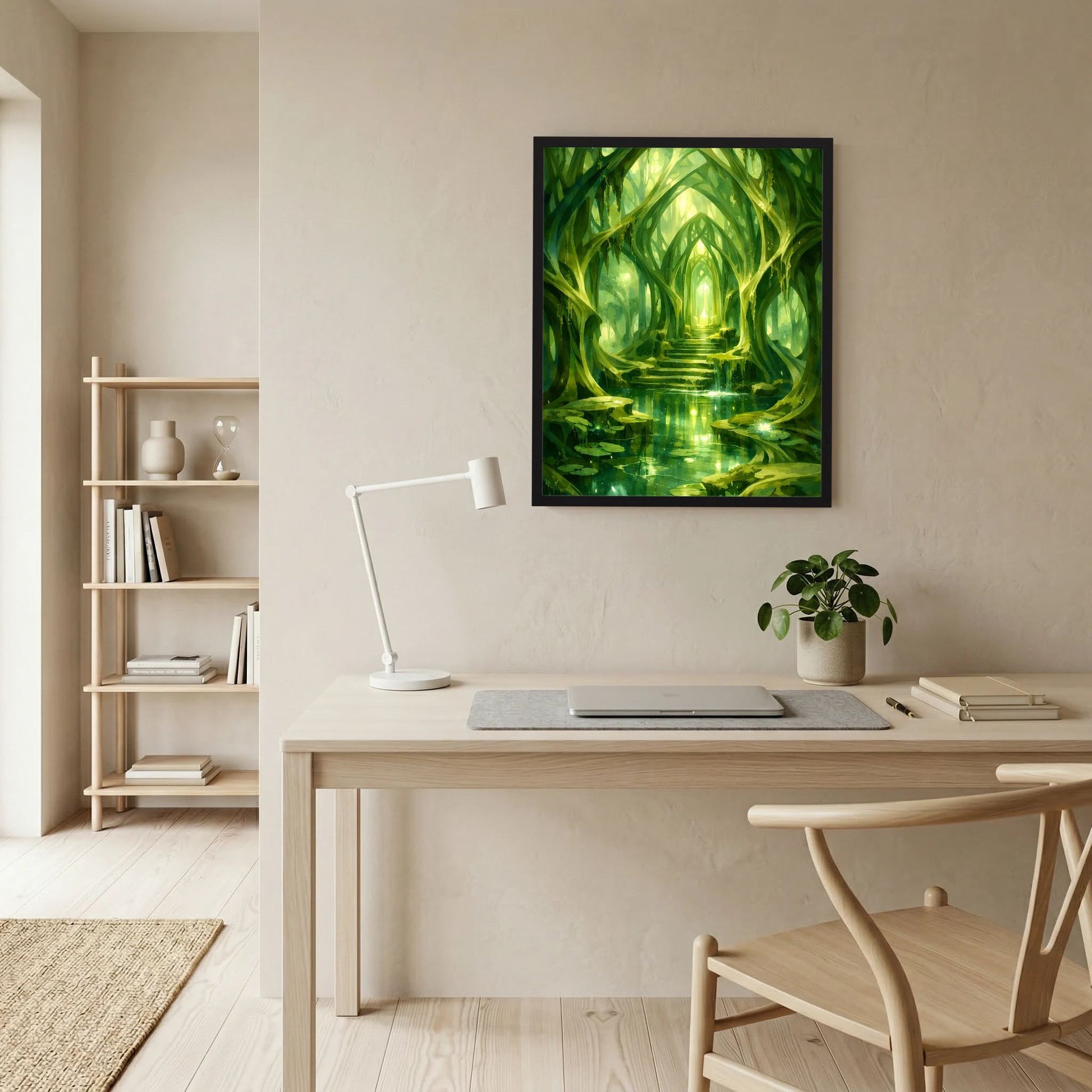 Gerahmtes grünes Kunstposter Waldtempel mit leuchtendem Gang, Wasser und Pflanzen