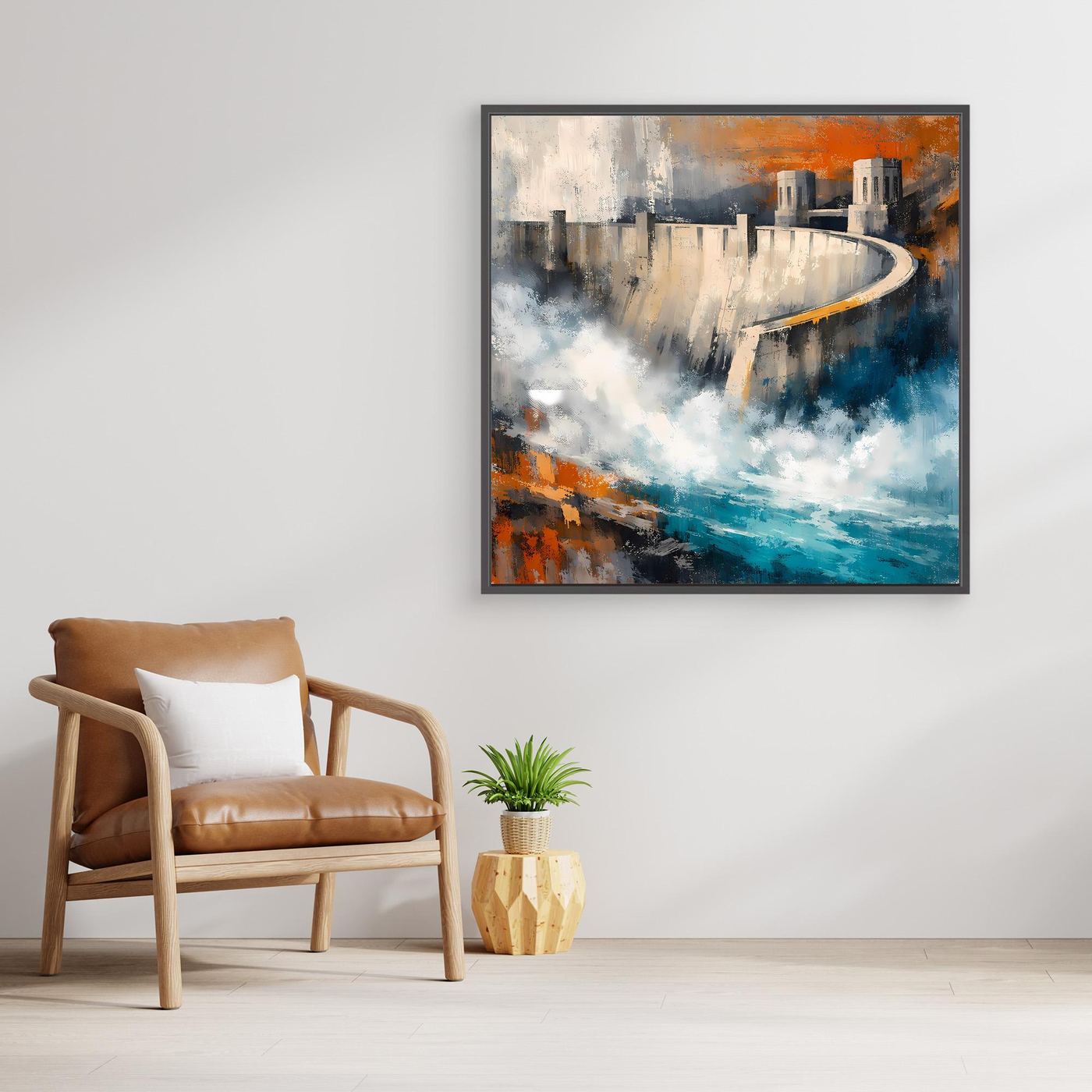 Abstraktes Leinwand-Wandbild mit Talsperre, blau-graue Wasseroptik und orange Akzente, ohne Rahmen