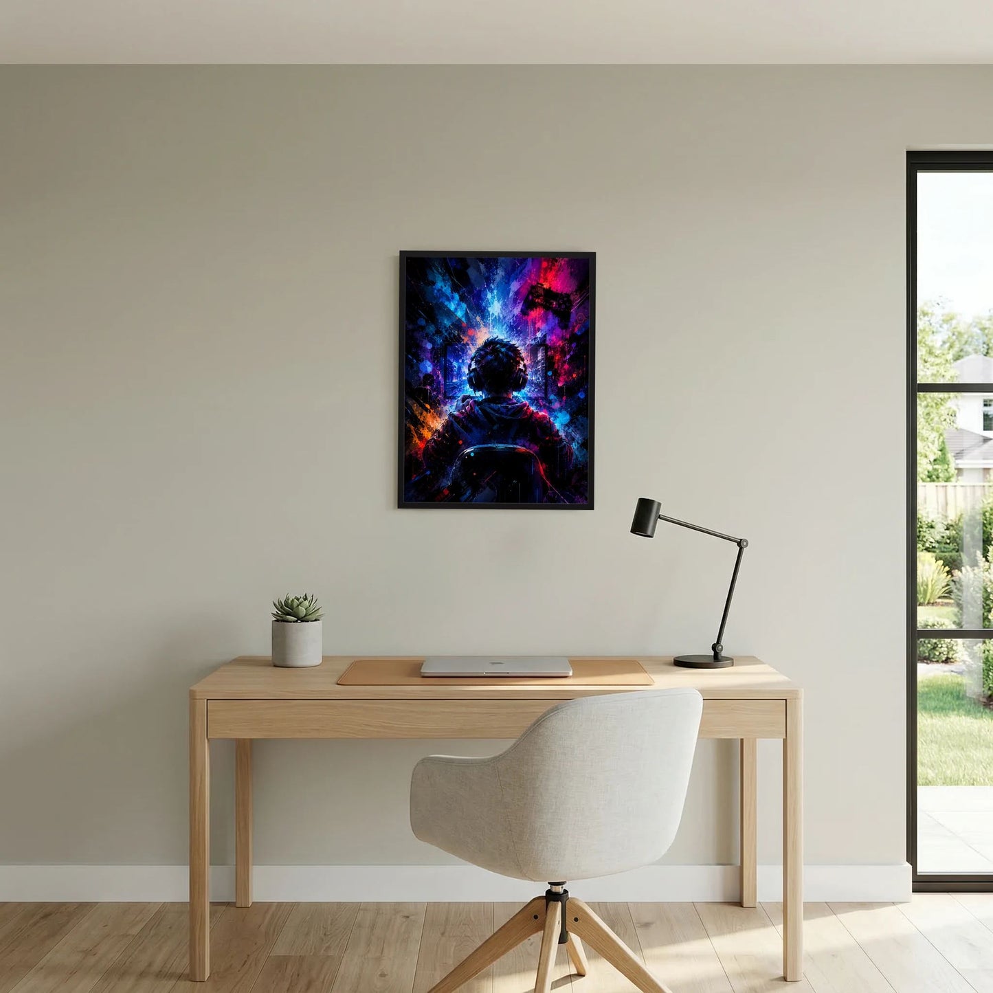Neon-Gamer-Poster im Hochformat über Konsole: Headset-Silhouette in Neonoptik