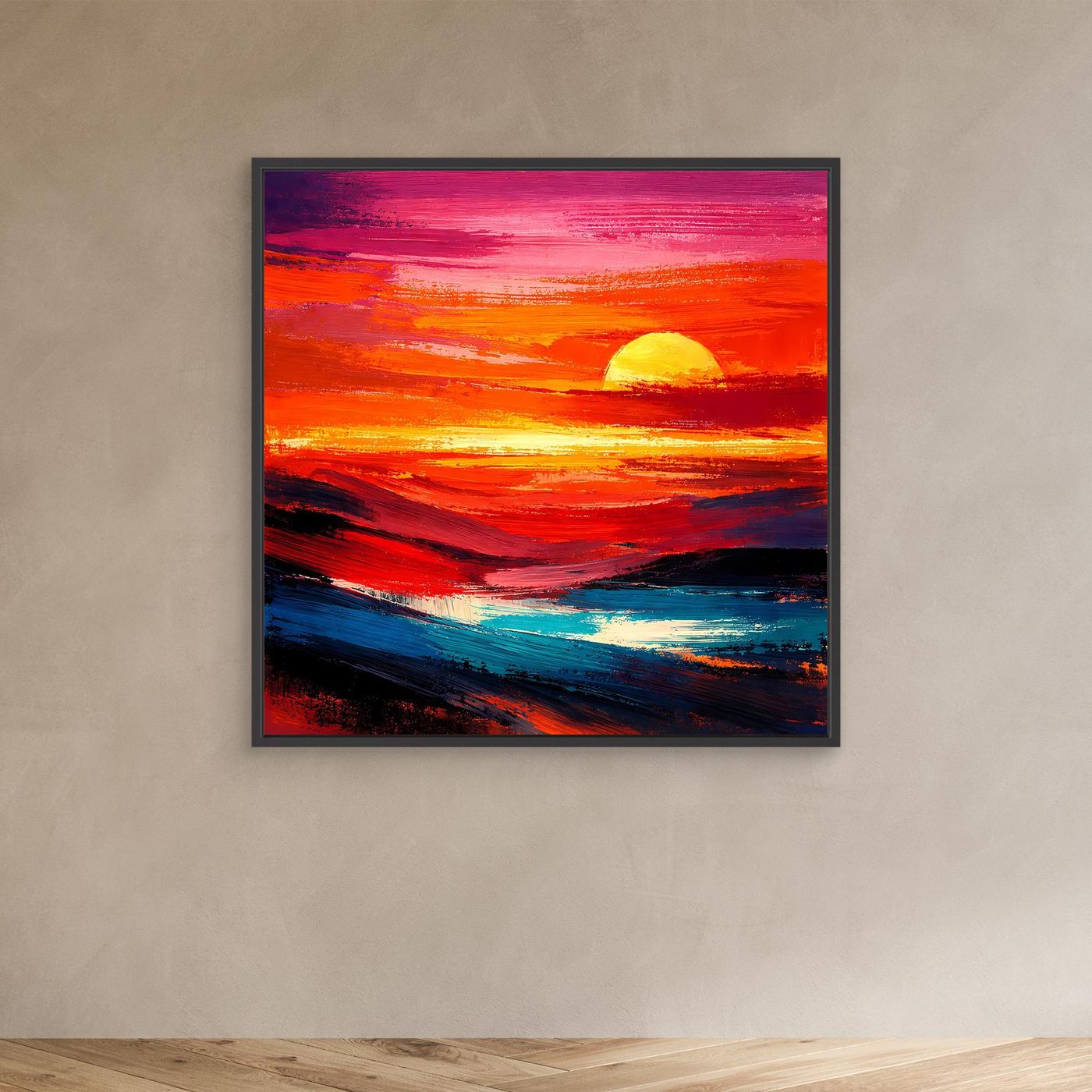 Leinwandbild abstraktes Meer mit Sonnenuntergang, rote Himmelstreifen, schwarzer Rahmen