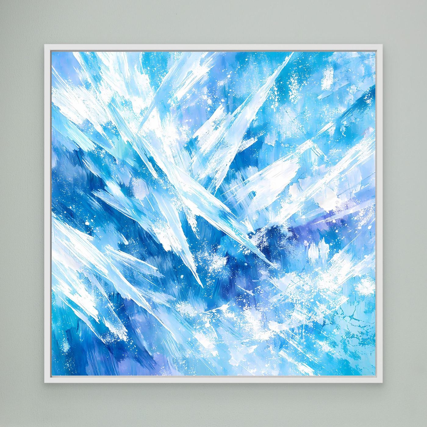 Quadratisches Leinwand-Wandbild mit abstrakten Eiskristallen in Blau, weißer Rahmen