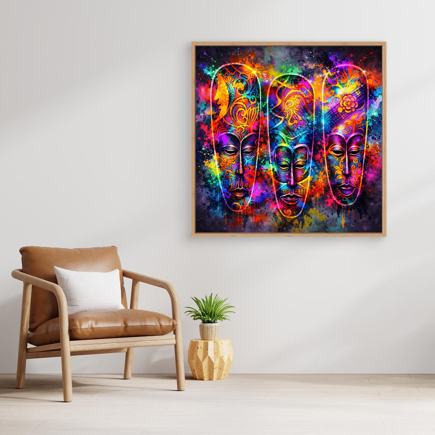 Leinwandbild mit drei abstrakten Neon-Masken in bunten Farben, brauner Rahmen