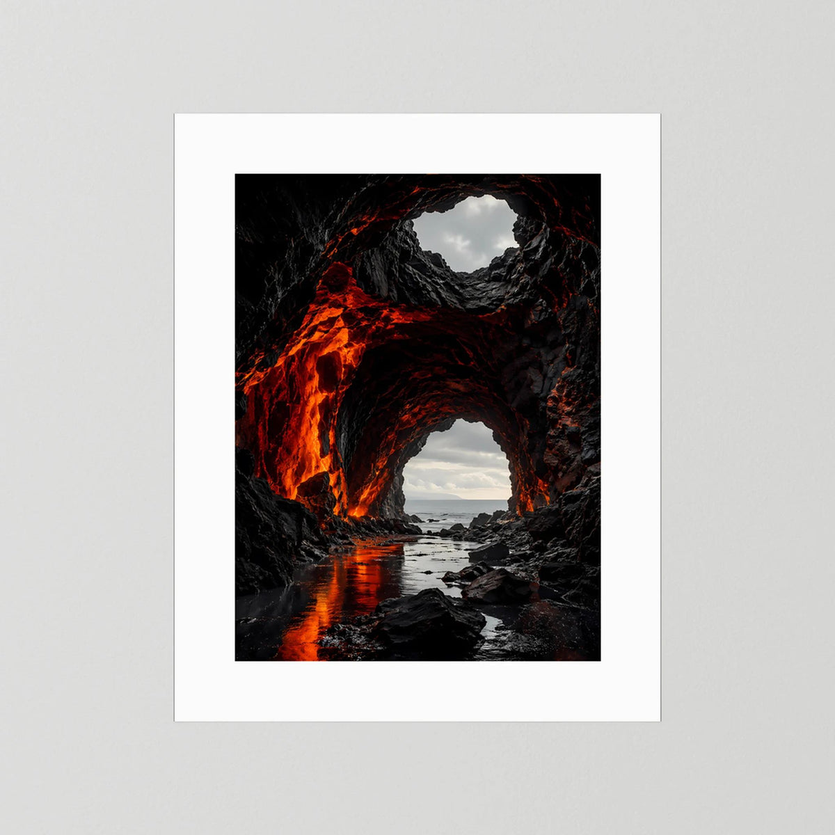 Poster im Hochformat mit weißem Passepartout: Lavahöhle mit roter Lava