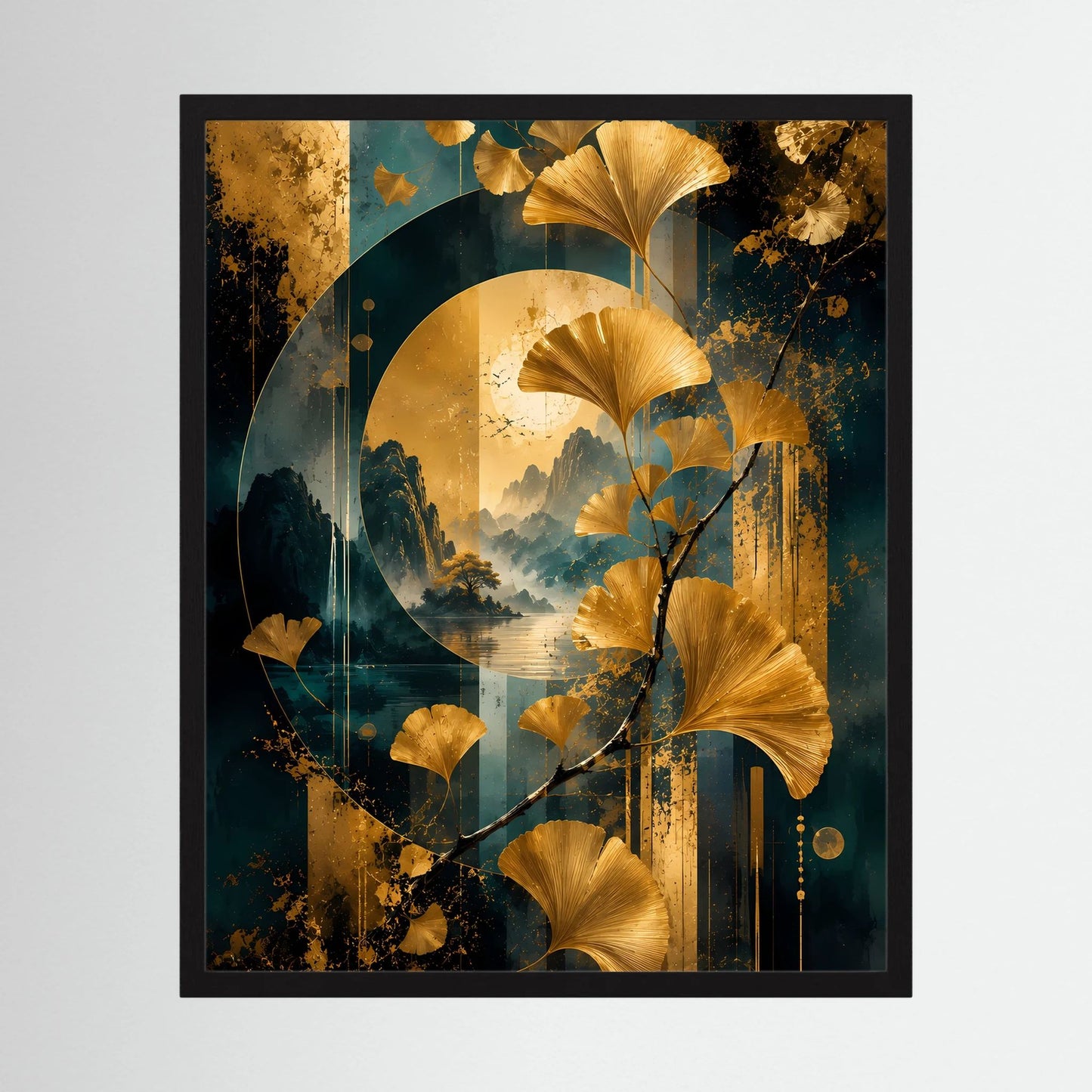 Gerahmtes Hochformat-Ginkgo-Poster mit goldenen Blättern, petrolfarbenem Hintergrund