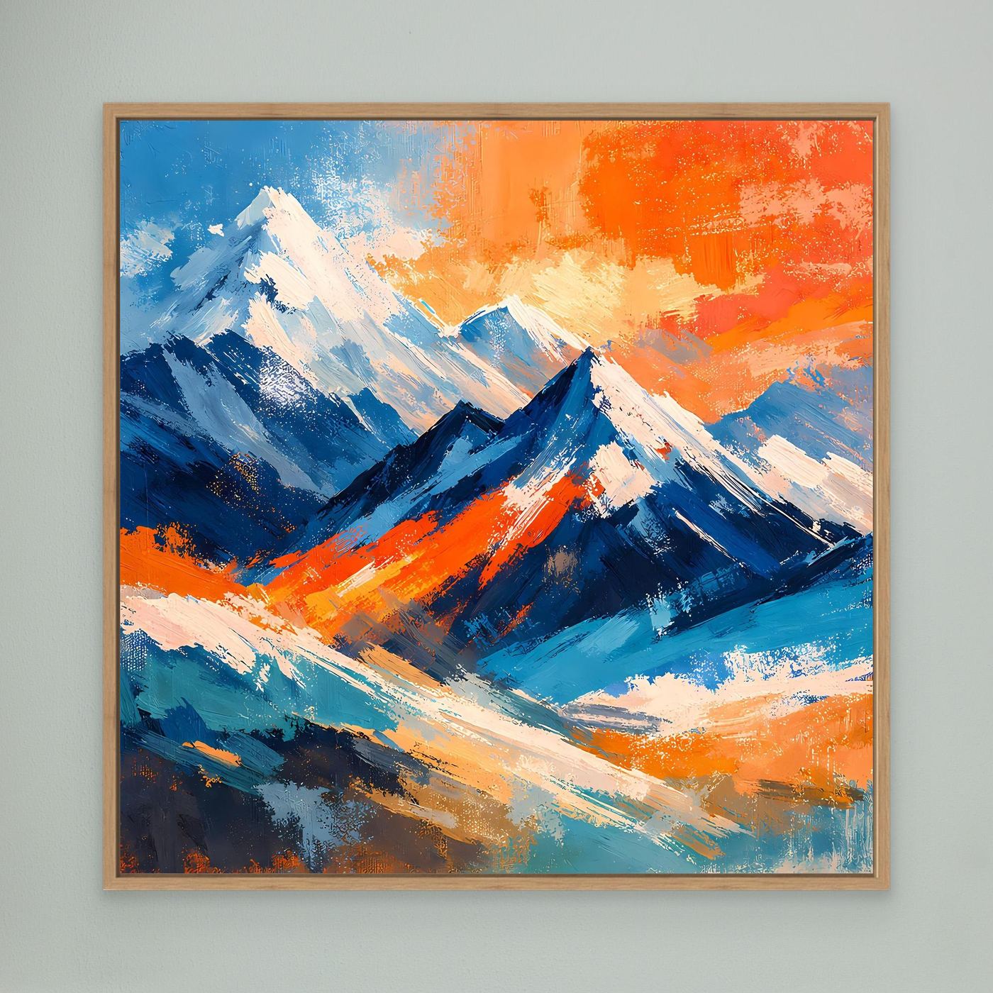 Abstraktes Leinwandbild mit Berggipfeln in Blau- und Orange-Tönen, Eichenrahmen.
