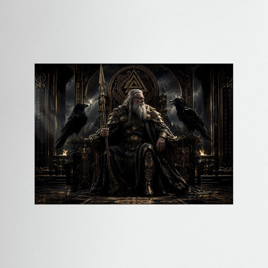 Querformat-Poster mit Odin auf dem Thron, schwarzen Raben und Speer, schwarzer Rahmen
