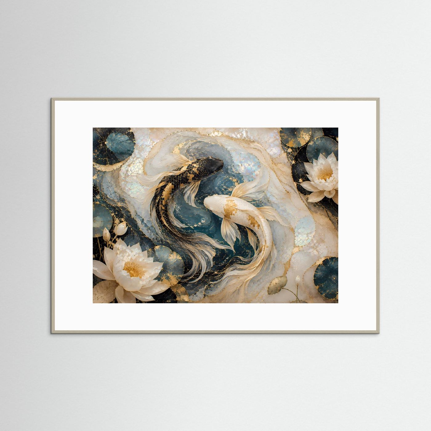 Japanisches Kunstposter mit Koi-Fischen und Lotusblüten, hellgrau gerahmt, Querformat