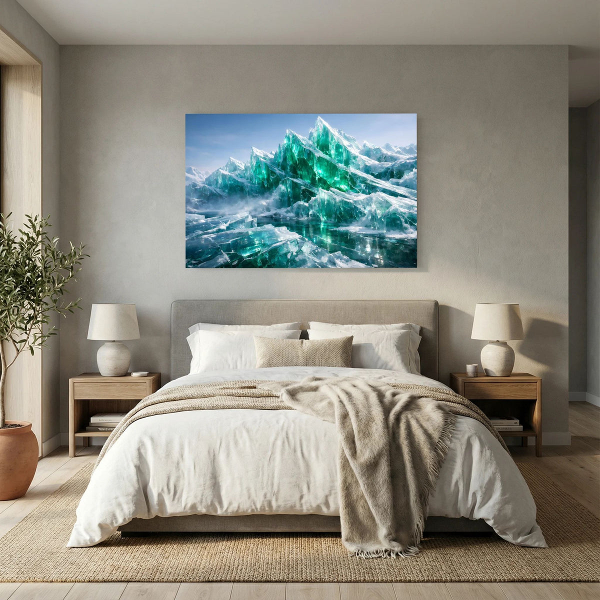 Wandposter mit smaragdgrünen Eisbergen, Querformat, über Bett und Decke
