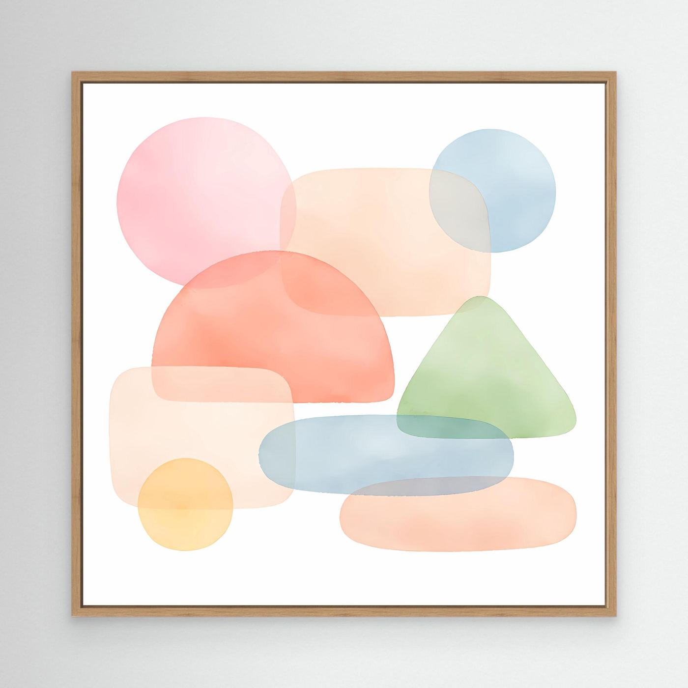 Leinwandbild mit abstrakten Pastellformen in Pastelltönen, brauner Holzrahmen