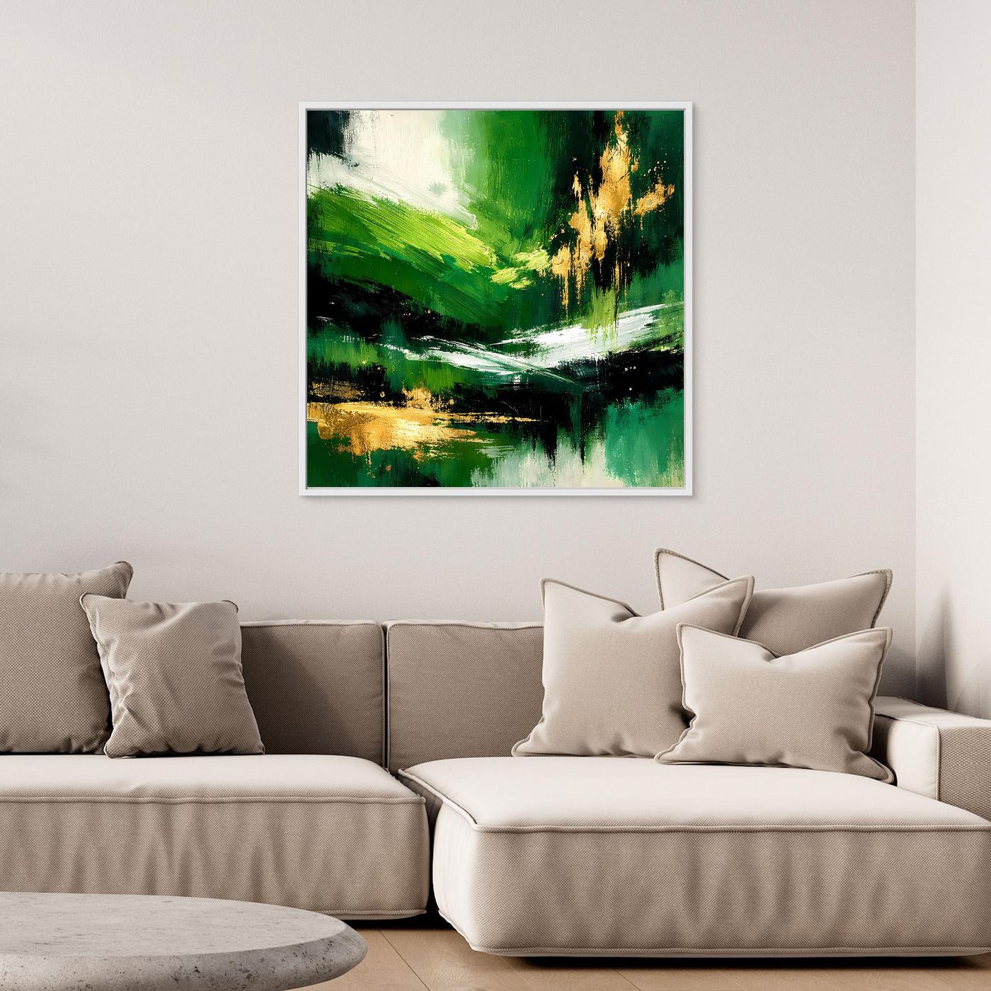 Leinwand Abstraktes Landschaftsgemälde in Smaragdgrün und Gold | Modernes Natur Wandbild