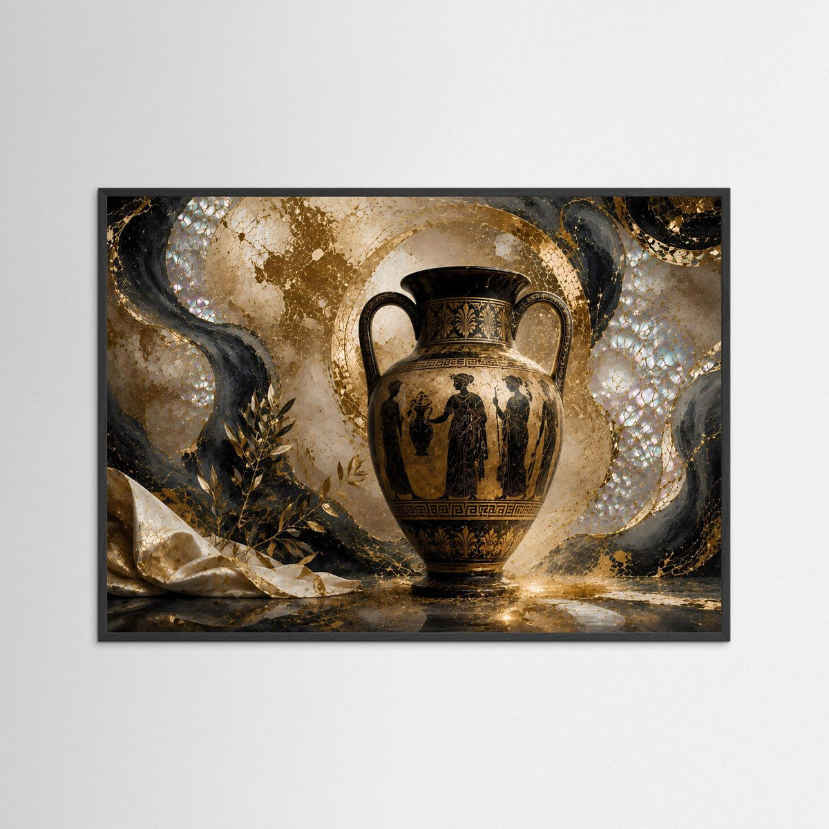 Antike griechische Amphore in Gold und Schwarz auf Kunstprint, schwarzer Rahmen
