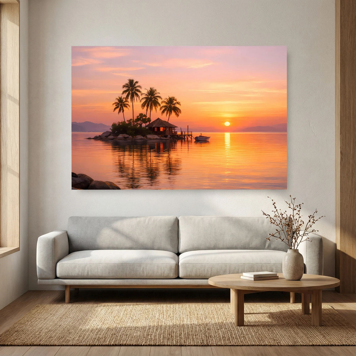 Wandbild im Querformat mit tropischer Insel, Palmen und Sonnenuntergang über dem Meer
