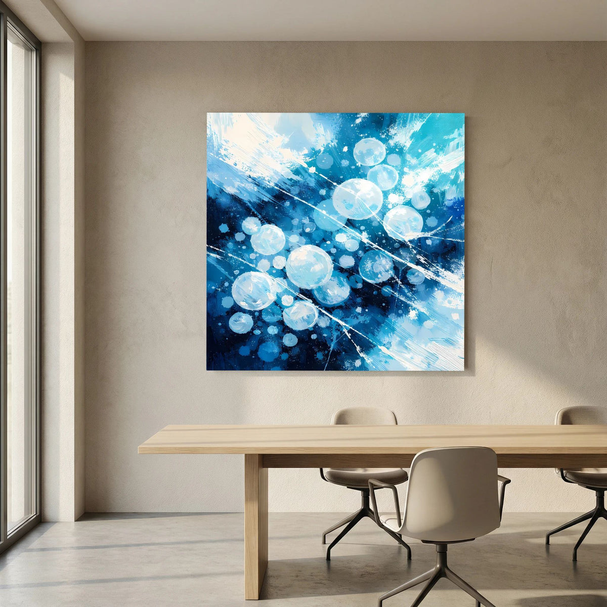 Quadratisches Leinwand-Wandbild: blaue Eisblasen mit hellen Kreisen und Linienverlauf.