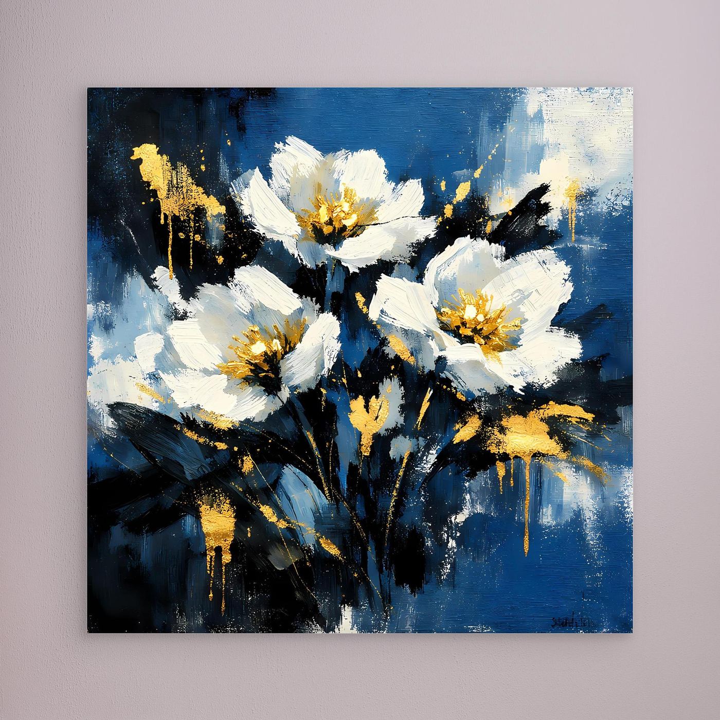 Blüten-Leinwandbild mit weißen und goldenen Blüten auf blau-schwarzem Hintergrund