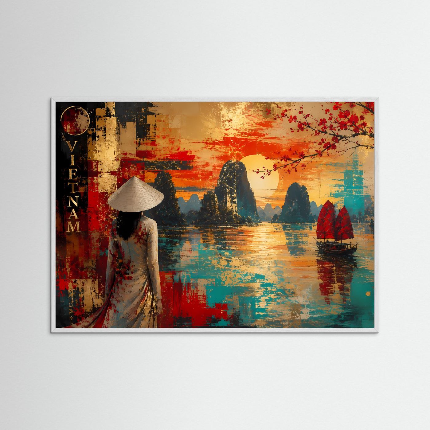 Querformatiges Kunstposter mit goldbraunem Holzrahmen: Frau im Hut, Boot und Felsen in Rot-Türkis.