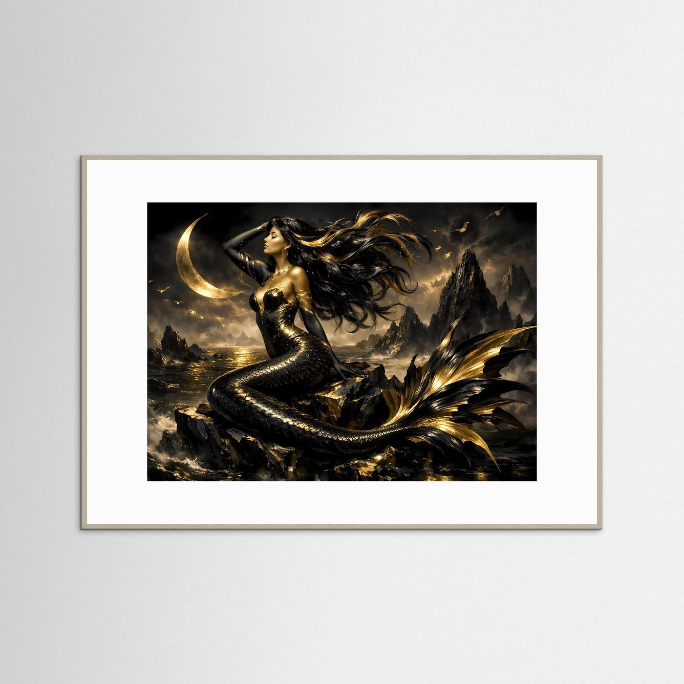 Poster mit Meerjungfrau-Fantasymotiv in grauem Holzrahmen