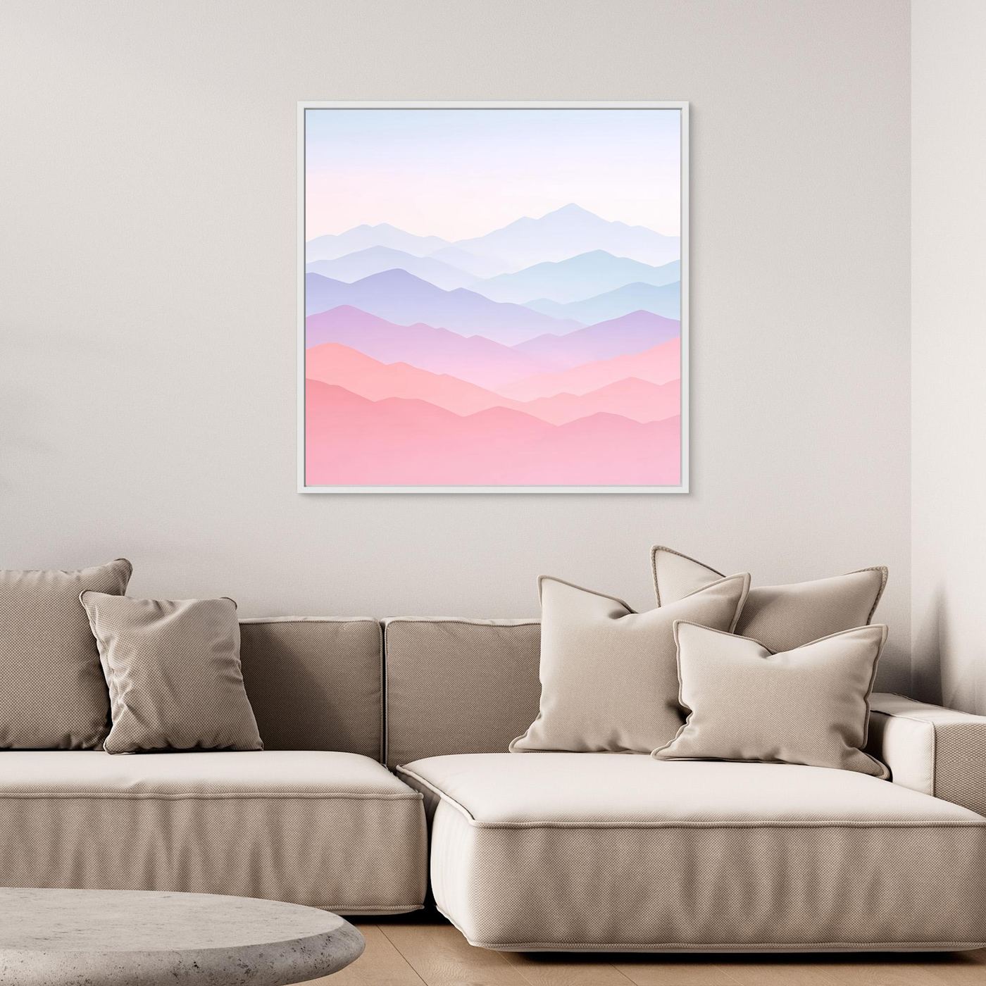 Leinwandbild mit pastellfarbenem Bergpanorama im weißen Rahmen