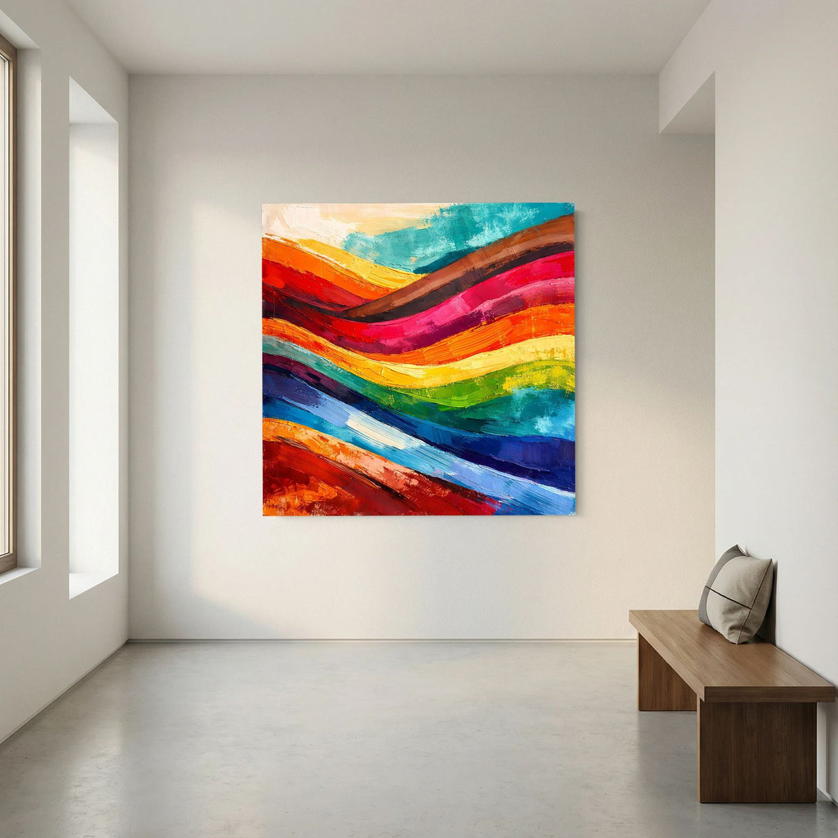 Abstraktes Leinwandbild an der Wand: diagonale, geschwungene Farbflächen in Regenbogenfarben.
