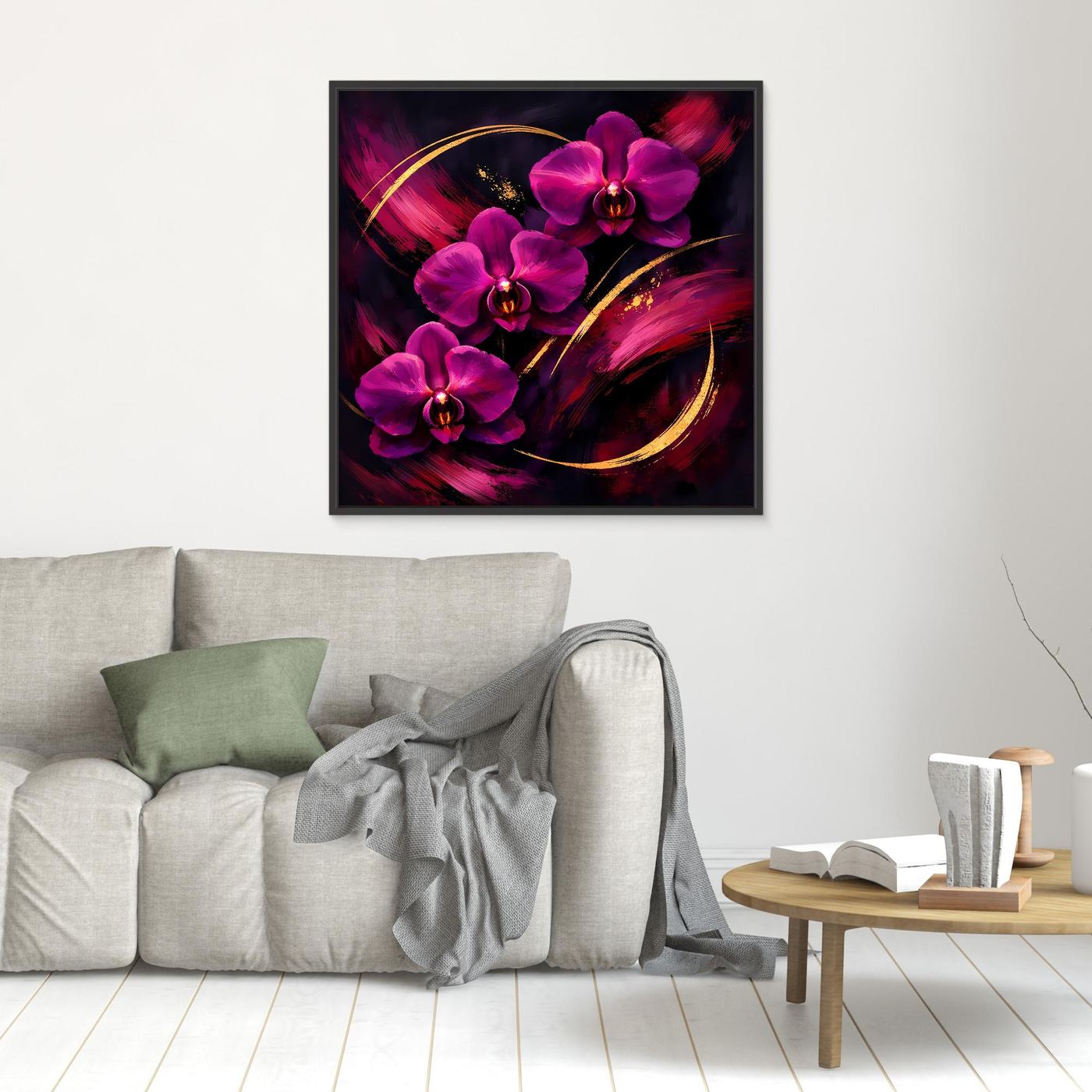 Leinwandbild mit magenta Orchideen und goldenen Bögen im schwarzen Rahmen an der Wand