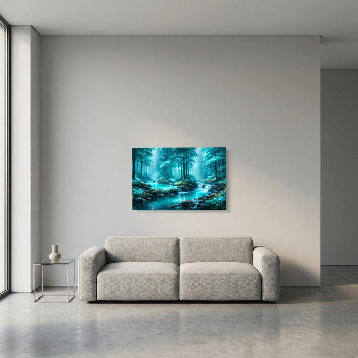 Wandbild im Querformat mit türkis leuchtendem Fluss und dichtem Wald