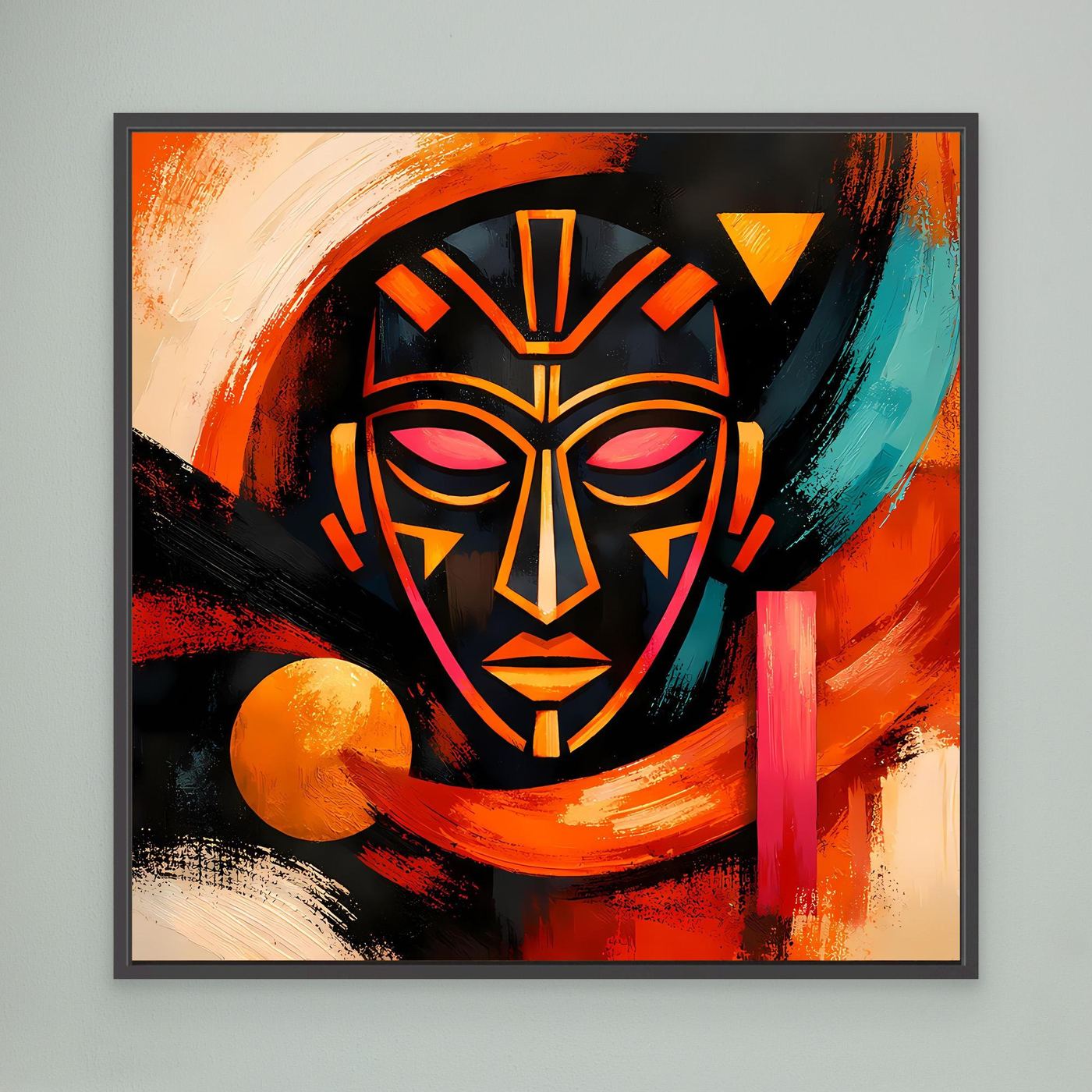 Leinwandbild mit abstrakter Afrikamaske, orange, türkis und rot, schwarze Formen im schwarzen Rahmen