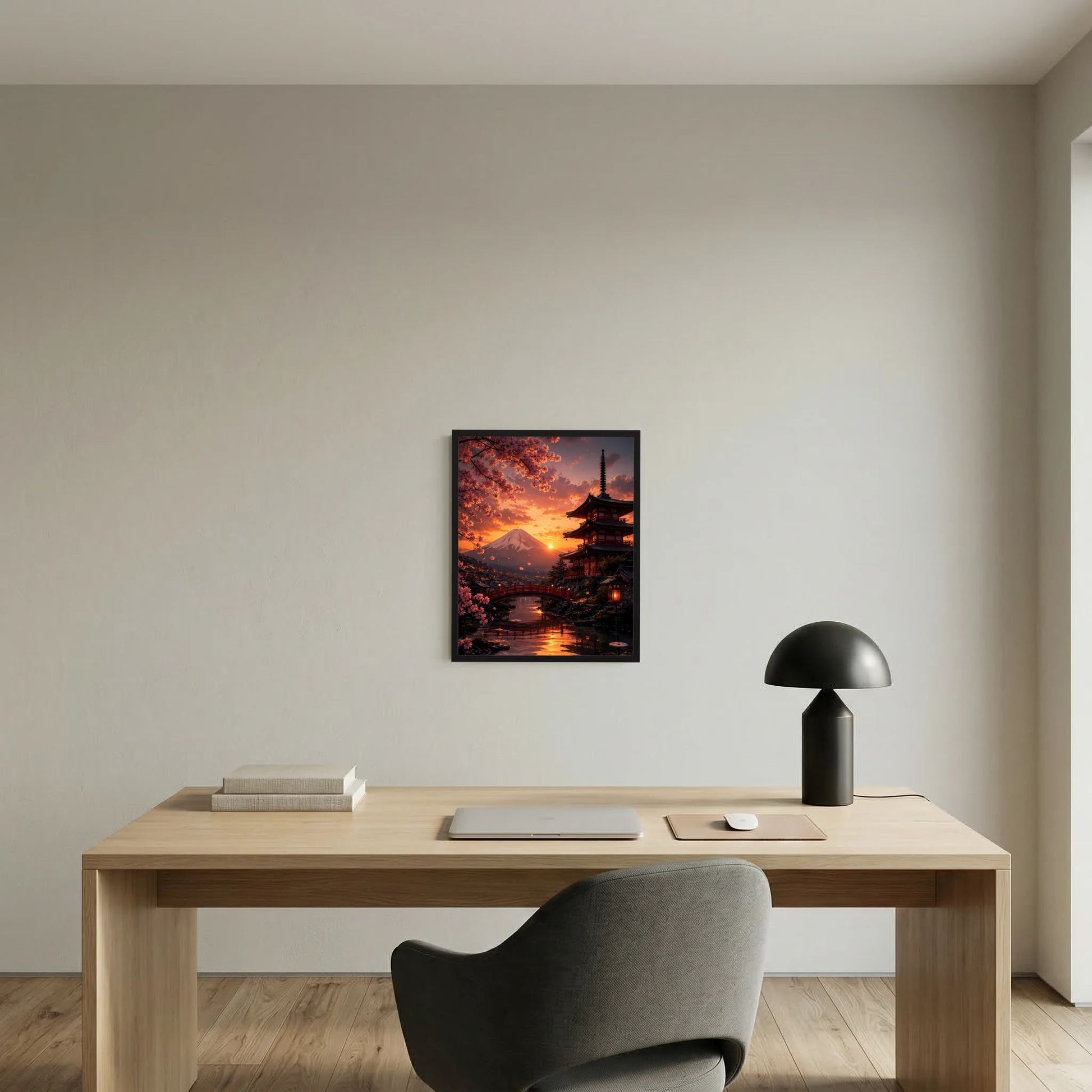 Gerahmtes Poster (Hochformat) mit japanischem Tempel und Sonnenuntergang am Wasser