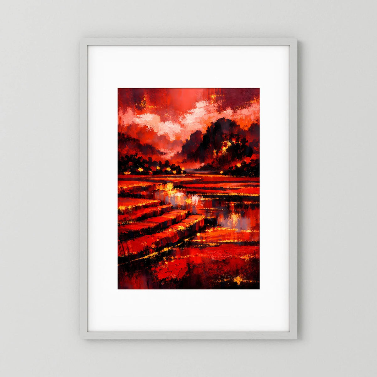Hochformatiges Kunstposter: abstrakte rote & schwarze Landschaft mit Ufer und Reflexionen