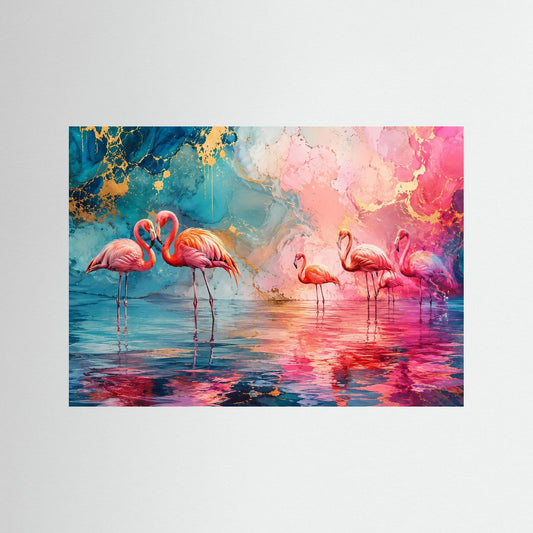 Wandbild mit Flamingos in Pink und Rot auf farbigem Spiegelwasser-Hintergrund
