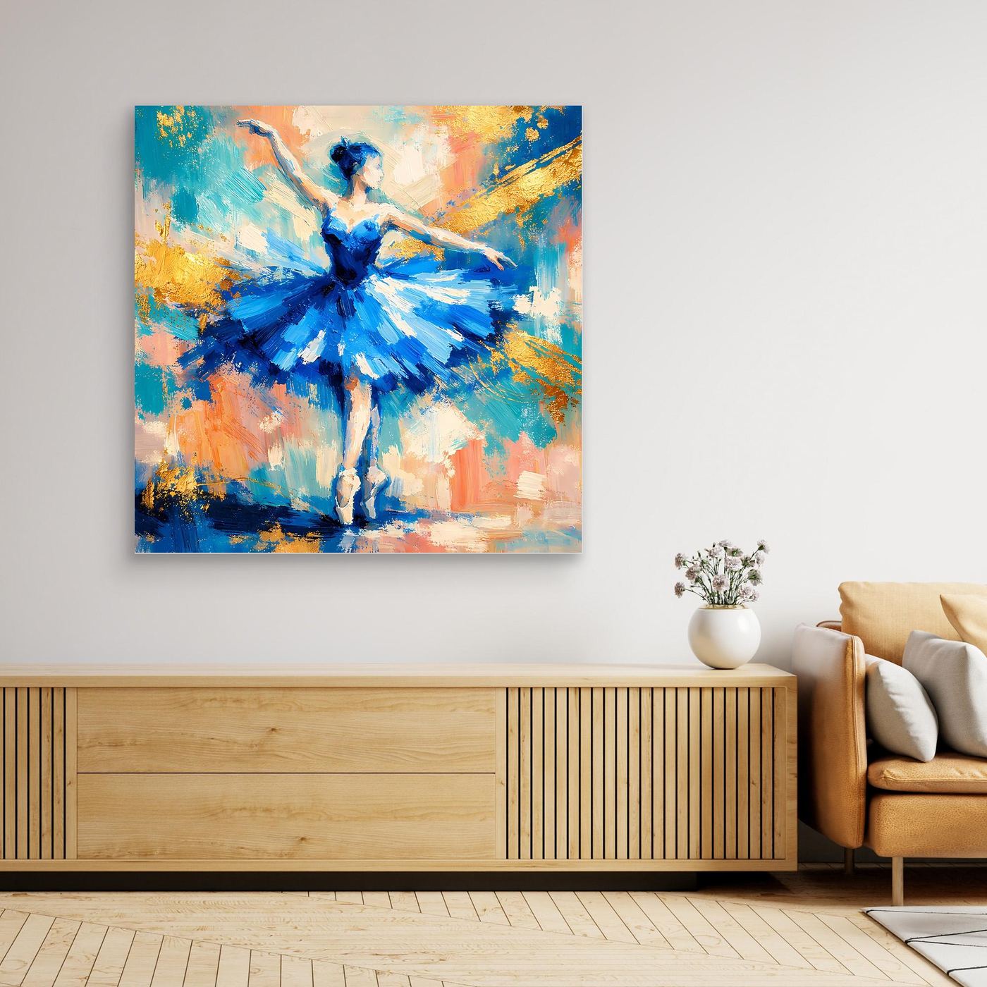 Leinwandbild Ballerina abstrakt in Blau, Tänzerin zentriert, farbige Pinselstriche im Kleid