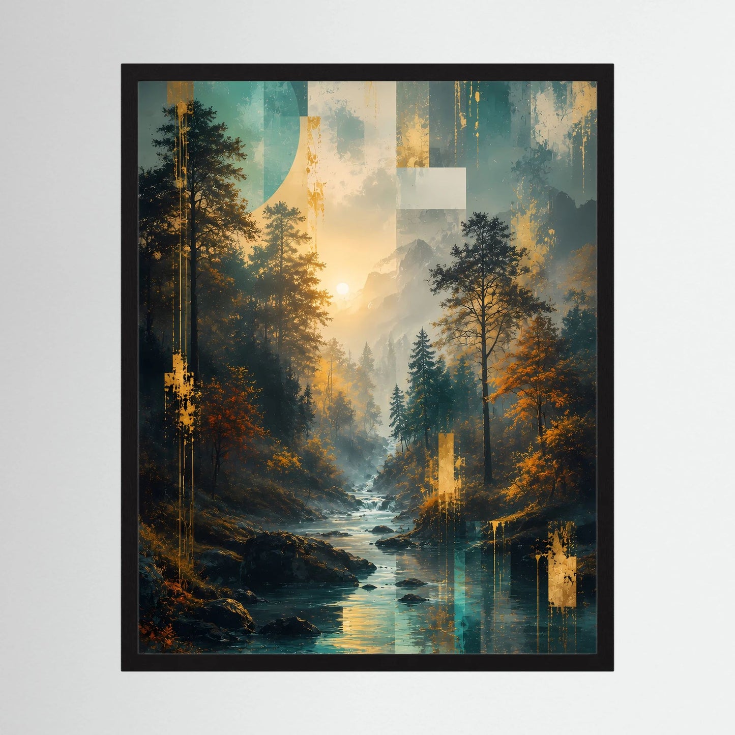 Gerahmtes Poster mit Wald und Fluss, abstraktes Morgenlicht, schwarzer Rahmen