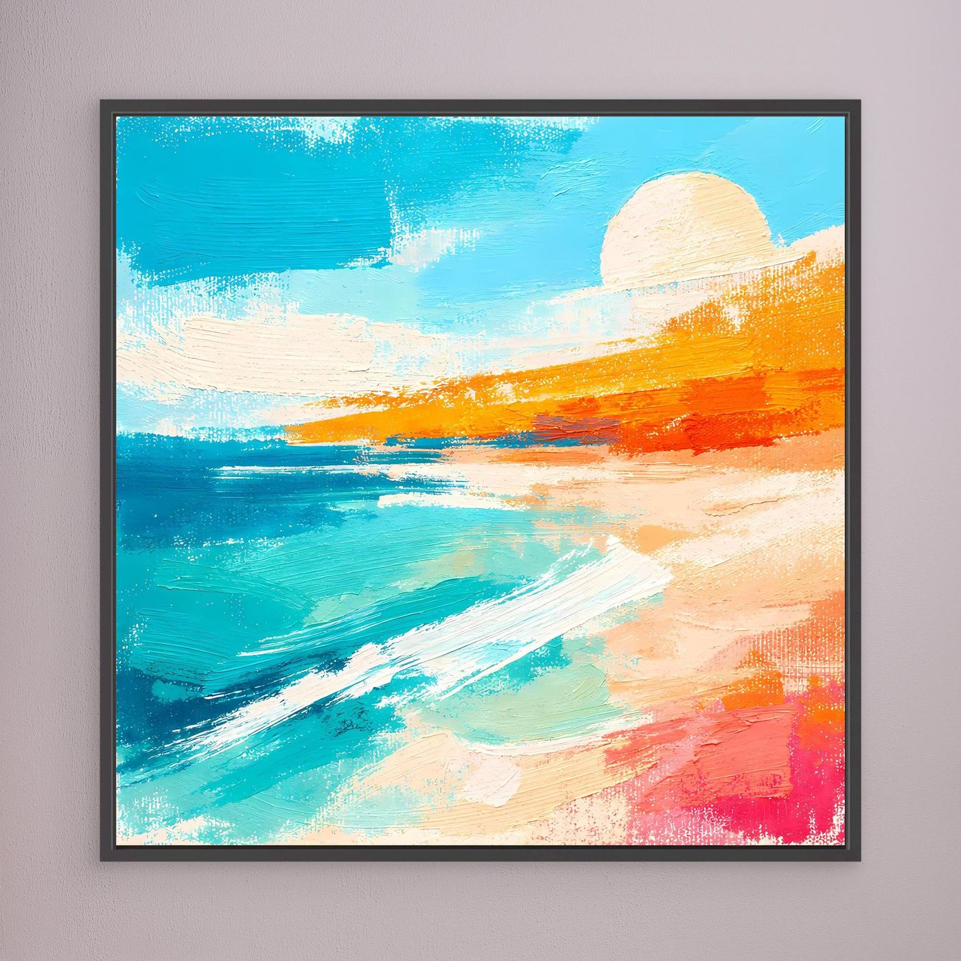 Abstract beach wall art: teal ocean, pale sun, orange shore; black frame